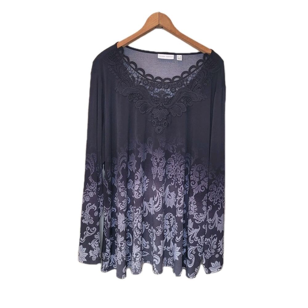 Susan Graver Black Lace V Neck Printed Long Sleeve Tunic Top Size 3x Liquid Knit